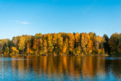 Colorful yellow orange trees on the banks of a river or lake are reflected in the wavy water. Scenic autumn landscape with clear blue skies and the light of the setting sun © Aliaksei