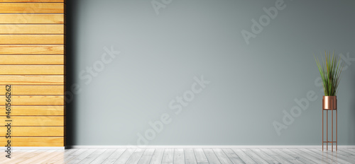 Fototapeta Naklejka Na Ścianę i Meble -  Interior background of empty room with wooden paneling and empty blue wall, pot with plant, copy space. 3d rendering