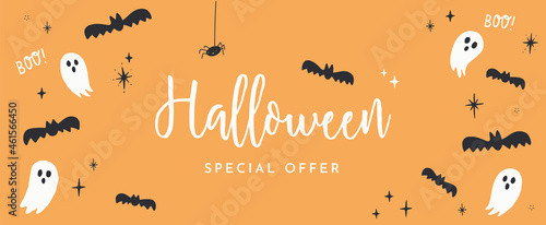 Halloween Sale Design with Hand Drawn Bats and Ghosts. Vector Illustration. Special Offer Template Suitable for Social Media Posts, Banners, Mobile Apps, Cards, Vouchers and Internet Ads.