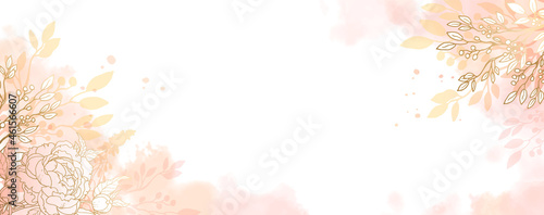 Luxurious golden wallpaper. Banner with flowers. Watercolor pink spots on a white background. Shiny flowers and twigs. Vector file.