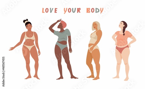 Multiracial women of different height, figure type and size dressed in swimsuits standing in row. Love your body. Body positive movement and beauty diversity. Vector flat illustration.