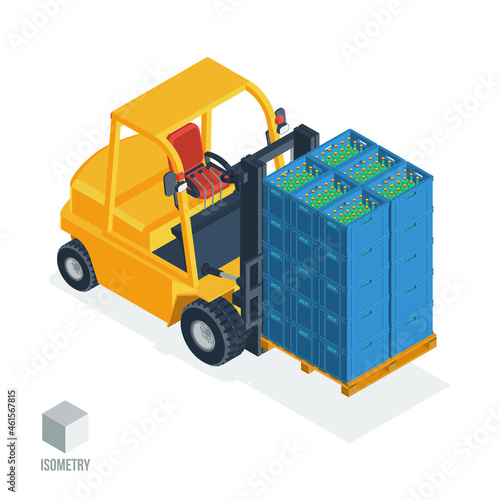 Forklift truck with boxes of bottles. 3d isometric vector illustration in a flat style, isolated on a white background.