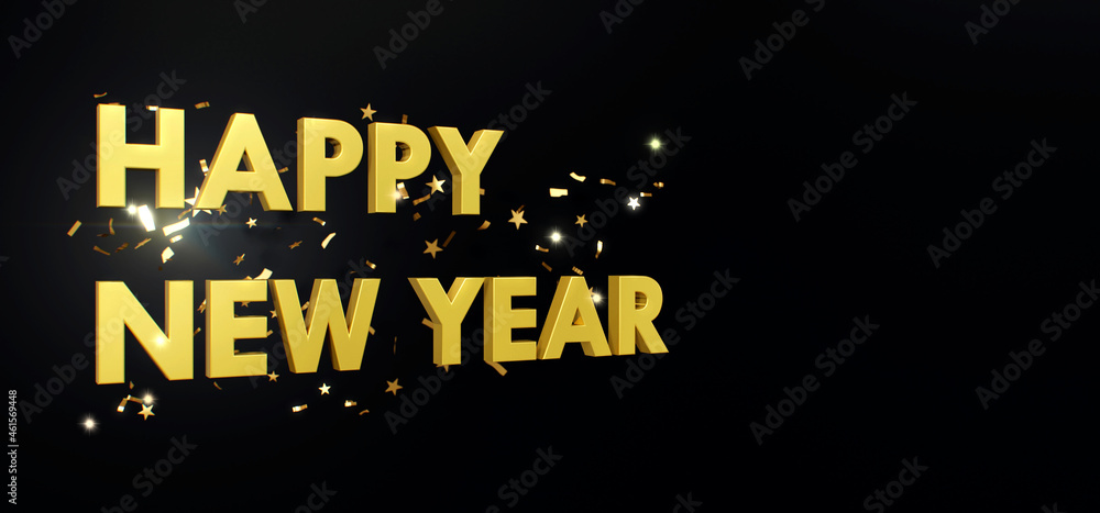 Happy New Year. Celebrate party, Gold, Web Poster, banner, cover card, layout design. 3D Rendering. Happy New Year. Celebrate party, Gold, Web Poster, banner, cover card, layout design. 3D Rendering.