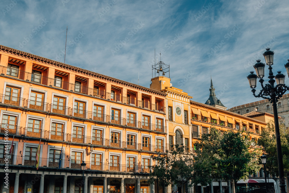 landscape and detail of the architecture of the plaza mayor in toledo, spain