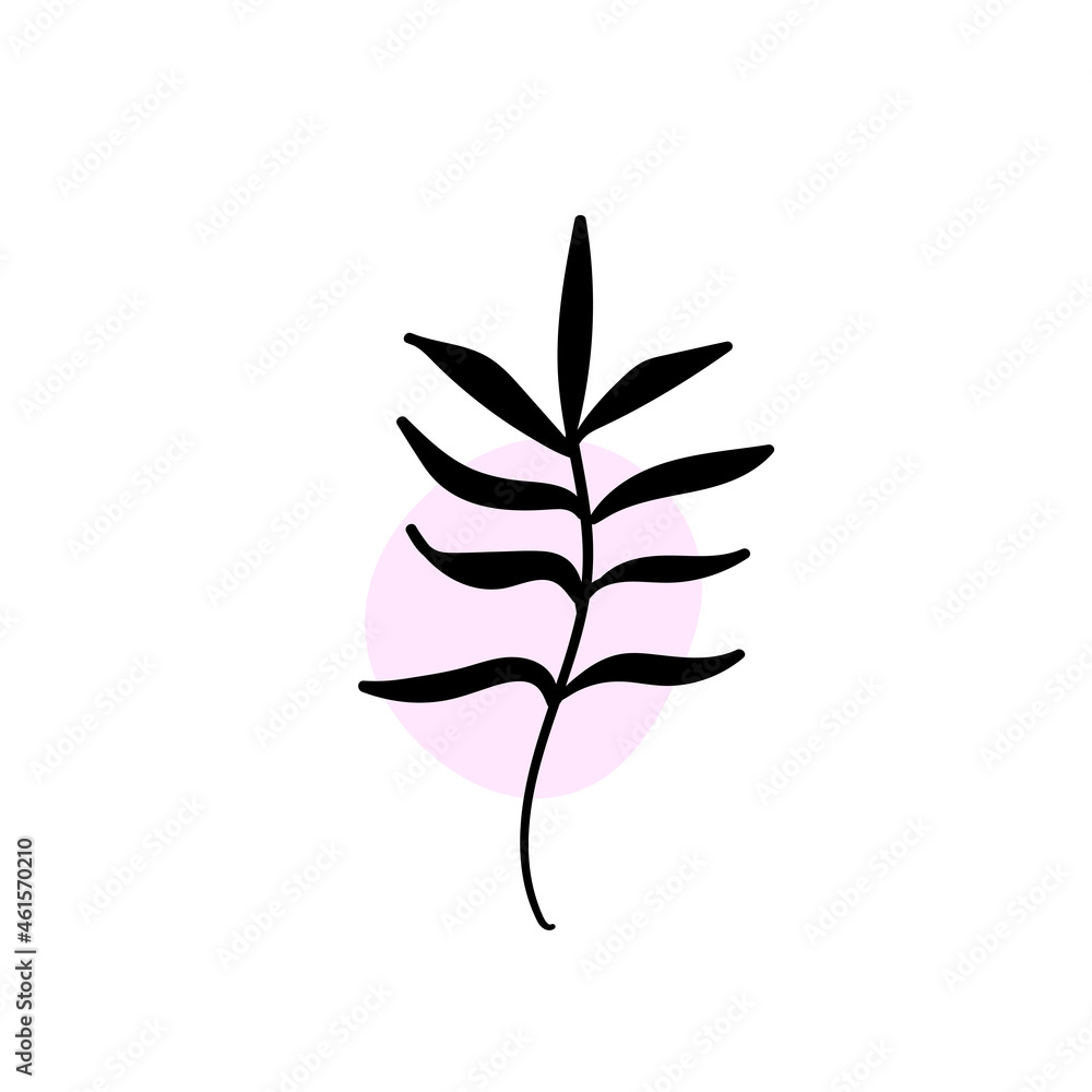 Branch with an abstract round spot. Artistic floral minimalist print. Isolated black silhouette of a plant with pastel drops. Modern watercolor shapes with leaves, acrylic ink blobs. Vector element