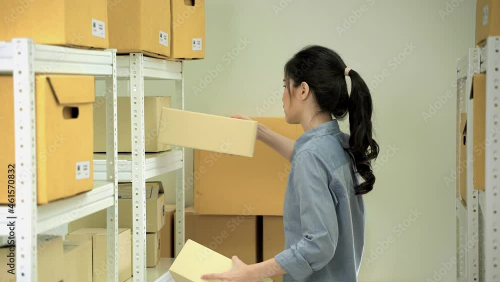Asian female worker in warehouse sorting boxes into warehouse shelves, storage and distribution concept.
Asian female worker in warehouse sorting boxes into warehouse shelves, storage and distribution concept.