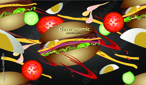 Seamless vector background from fast food, sandwich vegetables and sauces
