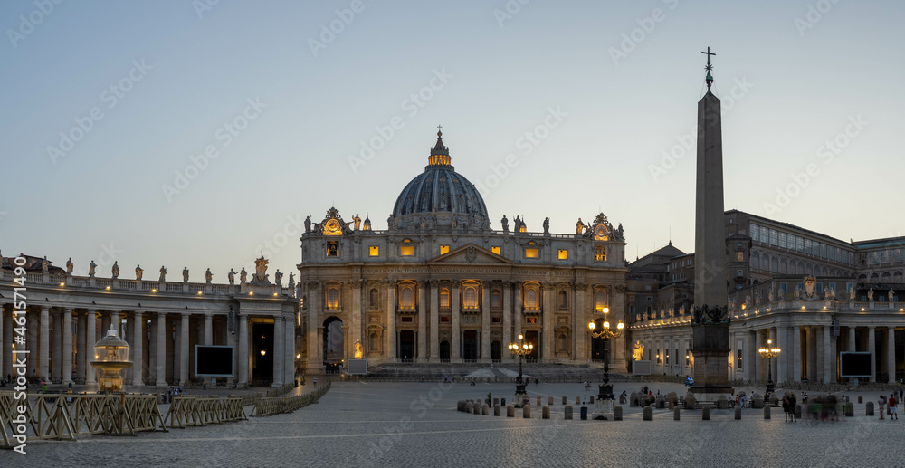 Panorama in Piazza San Pietro, or Saint Peters Square, in daylight with a view of the basilica in Vatican City.