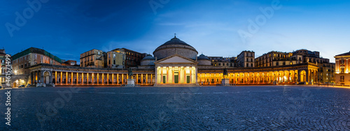 Nigh time panorama of the Basilica Reale Pontificia San Francesco da Paola in Naples Italy. The church is in the Piazza del Plebiscito.