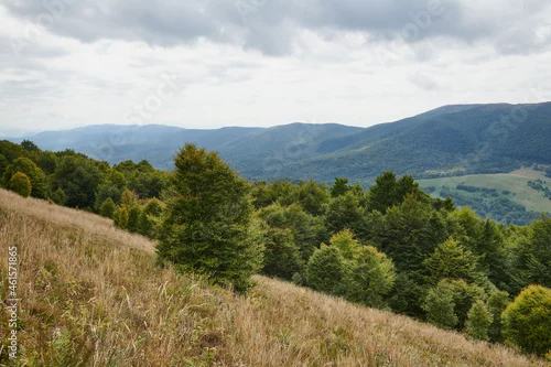Fototapeta Jesień w Bieszczadach. Turyści na szlakach. Połoniny. Kolory jesieni. Panorama.