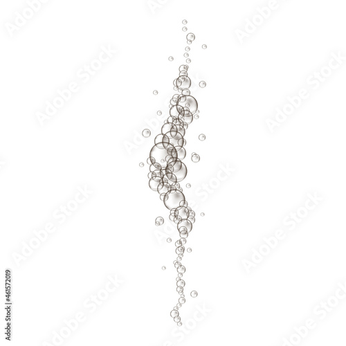 Water bubbles streaming. Fizzy carbonated drink, seltzer, beer, soda, cola, lemonade, champagne, sparkling wine texture isolated on white background. Vector realistic illustration.