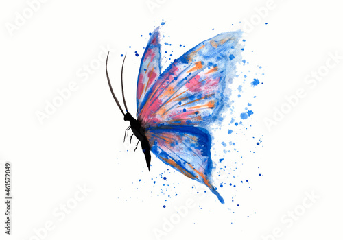 beautiful blue butterflie hand drawn with watercolors, blue butterflie with paint splatter isolated on white background