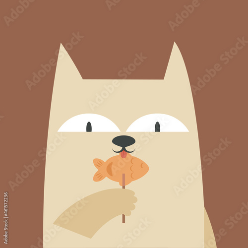 Illustration with cat licking lollipop. Funny pet in flat style