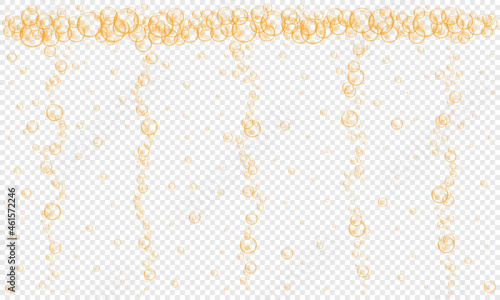 Golden bubbles stream on transparent background. Fizzy carbonated drink, champagne, seltzer, beer, soda, cola, lemonade, sparkling wine texture. Vector realistic illustration.