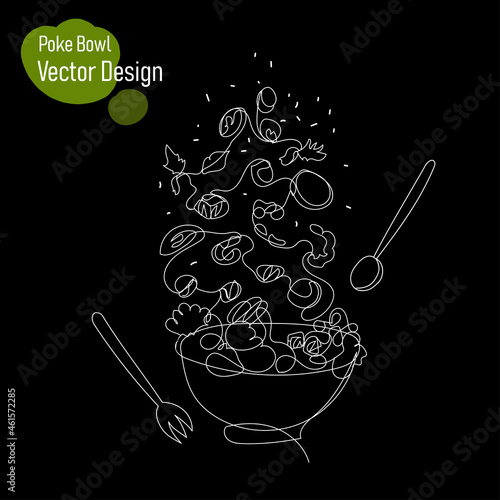 Continuous line poke bowl in line art style on black background. Vector linear illustration. Vector illustration design. Sketch drawing modern healthy food