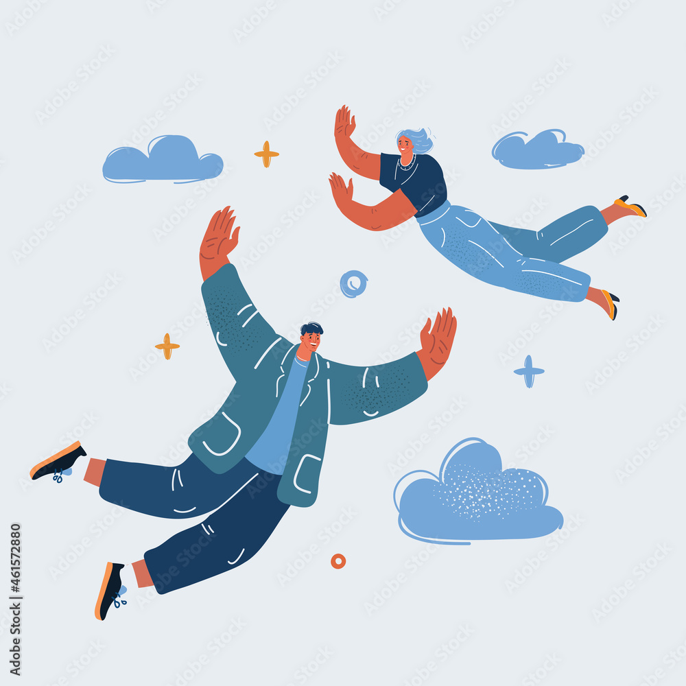 Vector illustration of flying people. Happy, success and freedom concept. - obrazy, fototapety, plakaty 