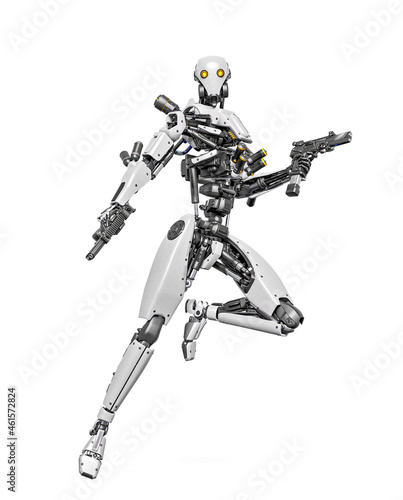 droid soldier is standing up like a super hero in action and holding a pistol