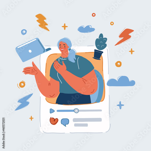 Vector illustration of Blogging, Social Media Networking. Blogger woman, Streaming Video Post.