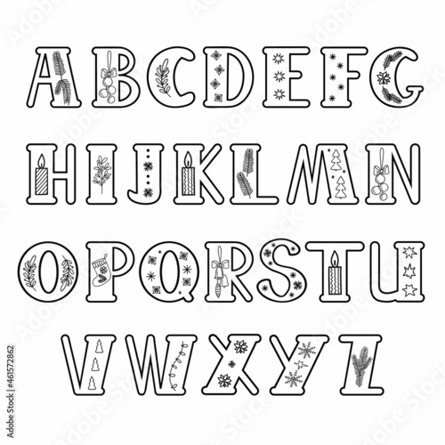 Capital hand drawn black letters of English alphabet decorated for Christmas doodle style outline vector illustration, calligraphic abc, cute funny handwriting, contour lined art and lettering