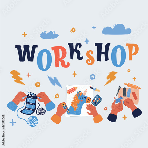 Vector illustration of Handmade kids workshop creative illustration. Hobby for children active handicraft. Draw, make plasticine, knitting, template banner educational courses for children
