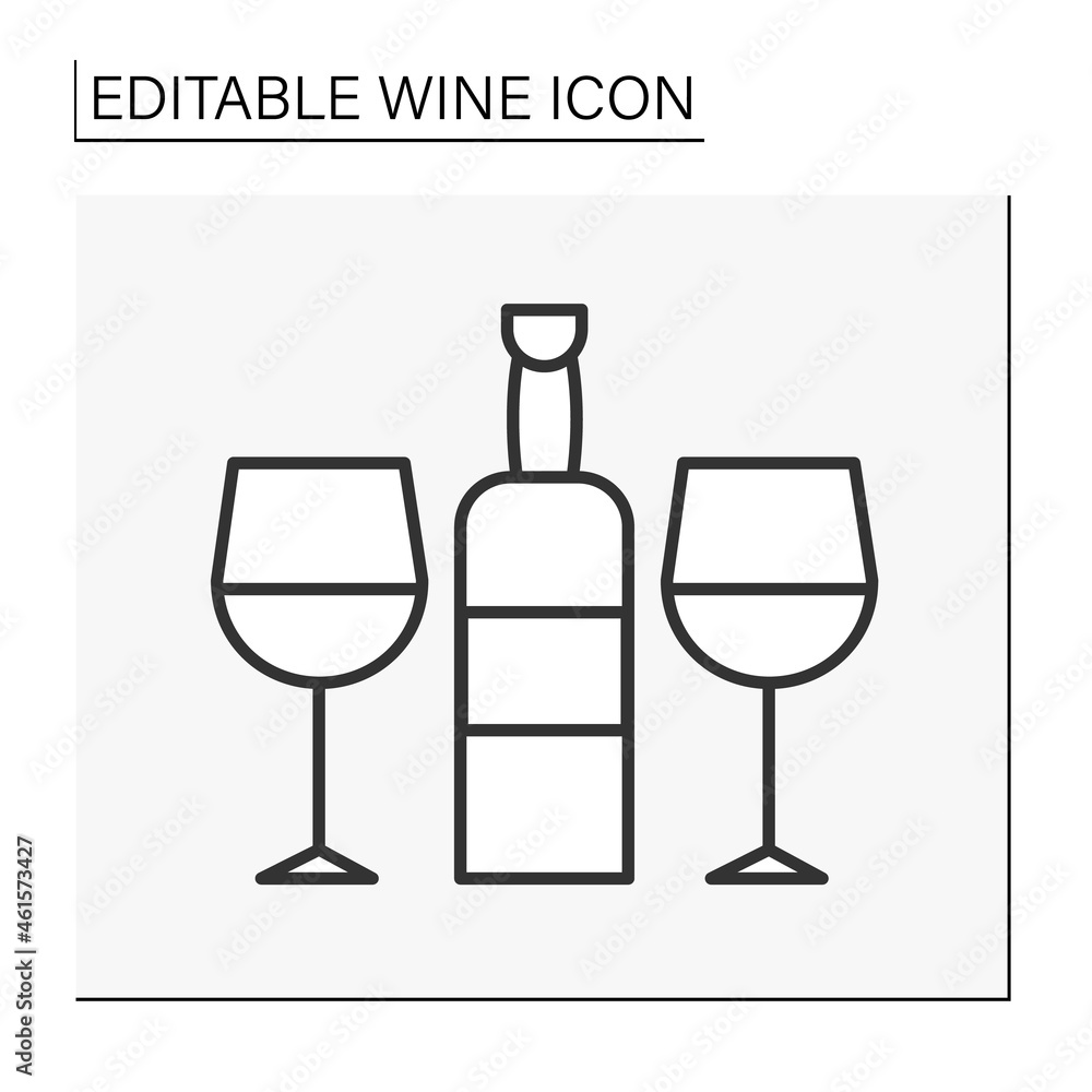 Romantic atmosphere line icon. Wine bottle and two glasses. Tasting and consumption of alcohol. Wine concept. Isolated vector illustration. Editable stroke Romantic atmosphere line icon. Wine bottle and two glasses. Tasting and consumption of alcohol. Wine concept. Isolated vector illustration. Editable stroke