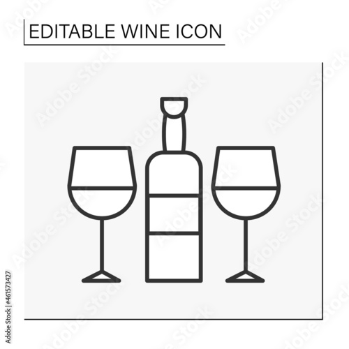  Romantic atmosphere line icon. Wine bottle and two glasses. Tasting and consumption of alcohol. Wine concept. Isolated vector illustration. Editable stroke photo