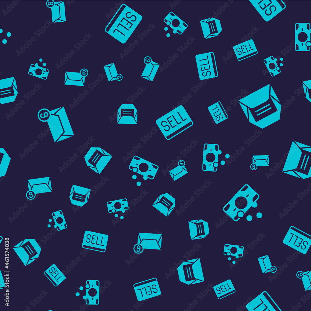 Set Mail and e-mail, Envelope, Sell button and Stacks paper money cash on seamless pattern. Vector