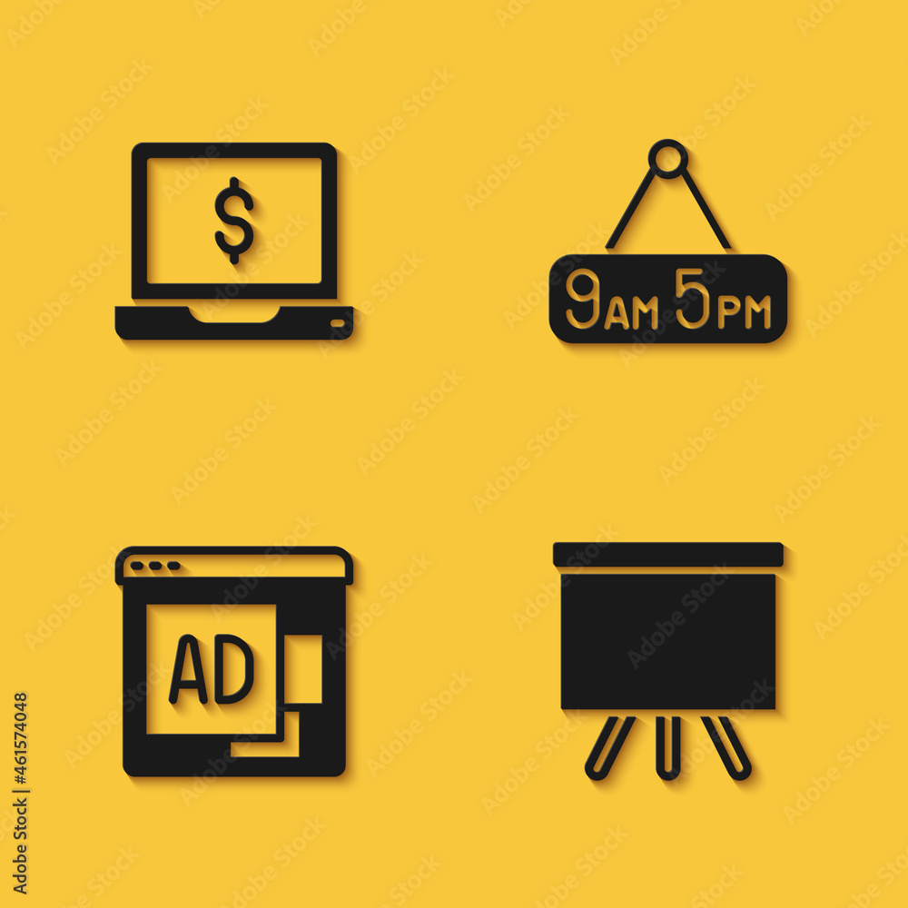 Set Laptop with dollar, Chalkboard, Advertising and From 9 5 job icon with long shadow. Vector Set Laptop with dollar, Chalkboard, Advertising and From 9 5 job icon with long shadow. Vector