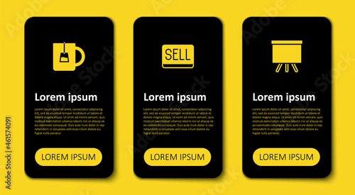 Set Chalkboard, Sell button and Cup of tea. Business infographic template. Vector