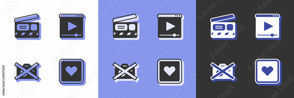 Set Like heart, Movie clapper, Prohibition no video recording and Online play icon. Vector Set Like heart, Movie clapper, Prohibition no video recording and Online play icon. Vector