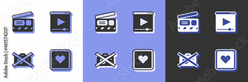 Set Like heart, Movie clapper, Prohibition no video recording and Online play icon. Vector