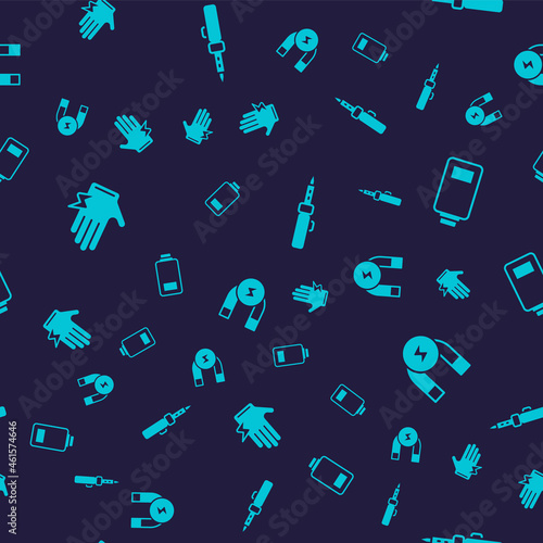 Set Electric glove, Battery charge, Soldering iron and Magnet on seamless pattern. Vector