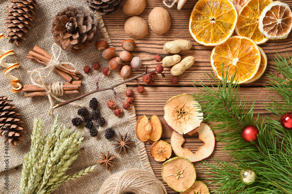 Wooden background with various natural materials for eco-design. Wooden background with various natural materials for eco-design.