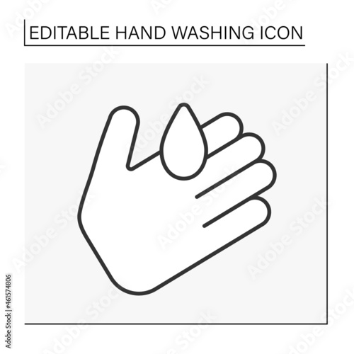  Hand washing line icon. Wet hand by water drop. Disinfection. Hygiena concept. Isolated vector illustration. Editable stroke