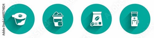Set Pour over coffee maker, Iced, Bag beans and Electric grinder icon with long shadow. Vector