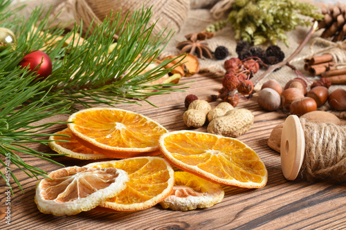 Close-up of dried oranges. Dried flowers for children s creativity.