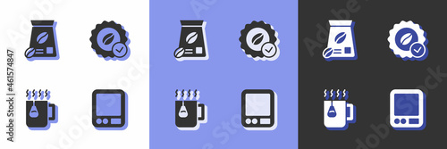 Set Electronic coffee scales, Bag beans, Cup tea with bag and Medal for icon. Vector