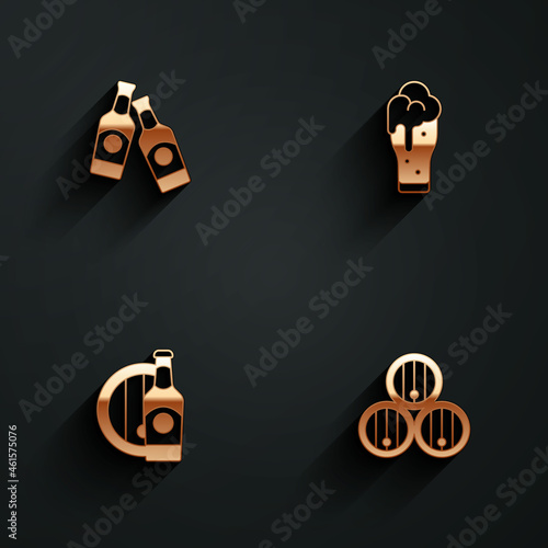 Set Beer bottle, Glass of beer, and wooden barrel and Wooden icon with long shadow. Vector