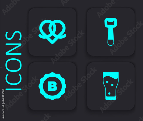 Set Glass of beer, Pretzel, Bottle opener and cap icon. Black square button. Vector