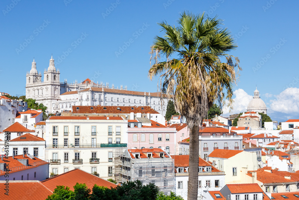 Lisbon Portugal city travel view of Alfama old town with church Sao Vicente de Fora and palm