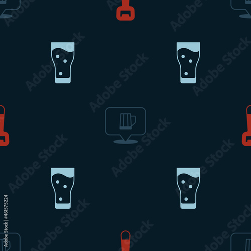 Set Bottle opener, Wooden beer mug and Glass of on seamless pattern. Vector