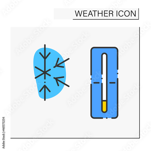 Thermometer color icon. Frozen weather outside. Nice winter day. Frigid temperature. Cold and frosty air. Hoarfrost. Weather concept. Isolated vector illustration