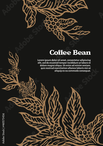 Template of golden branch of coffee tree with leaves, flowers and natural coffee beans. 