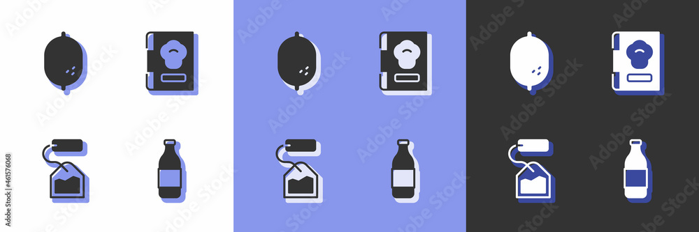 Set Bottle of wine, Lemon, Tea bag and Cookbook icon. Vector Set Bottle of wine, Lemon, Tea bag and Cookbook icon. Vector