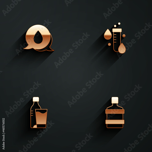 Set Water drop with speech bubbles, Test tube water, Bottle of glass and Big bottle clean icon with long shadow. Vector