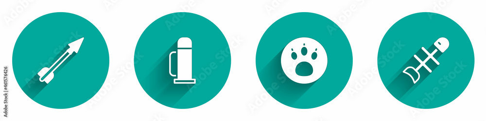 Set Medieval arrow, Thermos container, Paw search and Dead fish icon with long shadow. Vector Set Medieval arrow, Thermos container, Paw search and Dead fish icon with long shadow. Vector