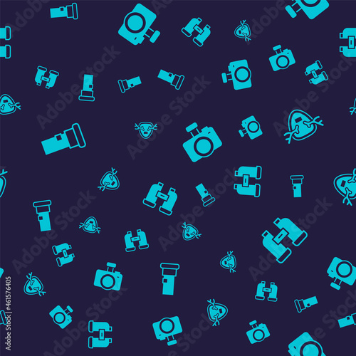 Set Cartridges, Deer antlers on shield, Photo camera and Binoculars on seamless pattern. Vector