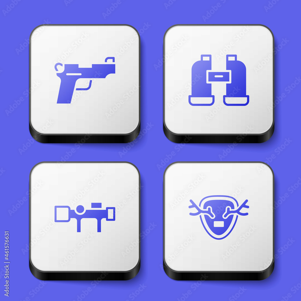 Set Pistol or gun, Binoculars, Sniper optical sight and Deer antlers on shield icon. White square button. Vector Set Pistol or gun, Binoculars, Sniper optical sight and Deer antlers on shield icon. White square button. Vector