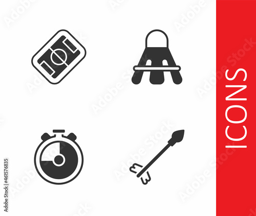 Set Medieval arrows, Football field, Stopwatch and Badminton shuttlecock icon. Vector