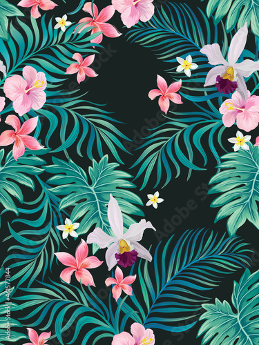 Tropical pattern with strelizia, hibiscus, palm leaves. Summer vector background for fabric, cover, print design.